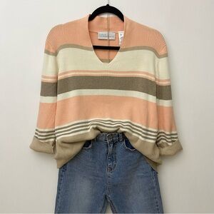Liz Claiborne Striped V-Neck Sweater in Peach, Cream & Taupe